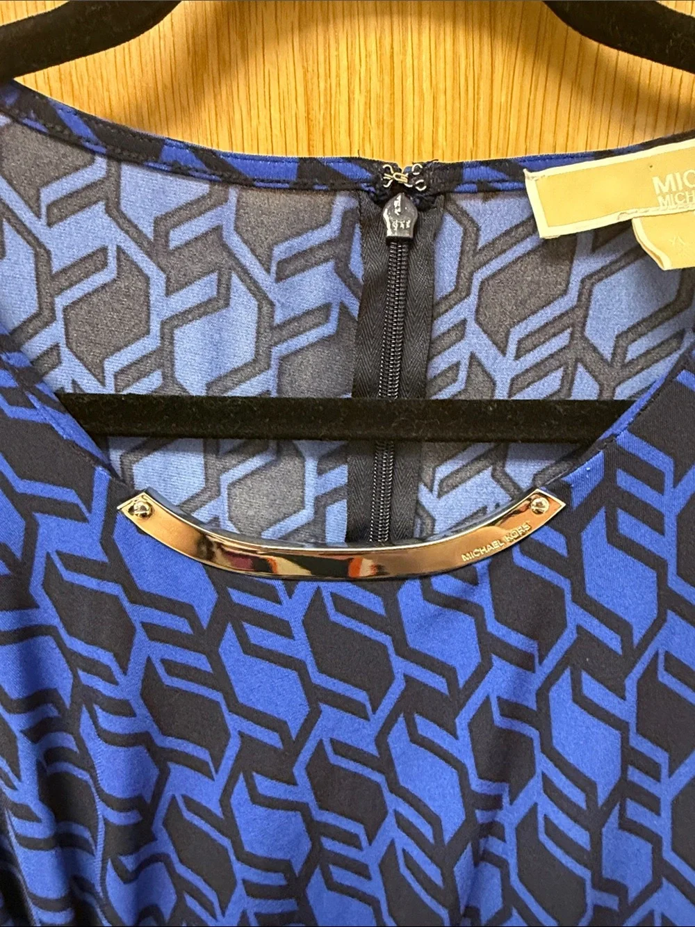 Michael Kors Royal Blue and Black Geometric Long-Sleeve Draped Waist Dress XL